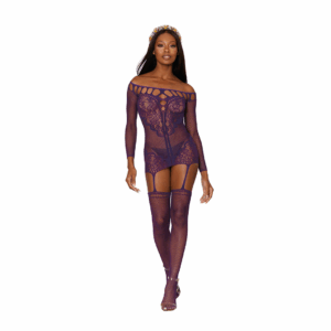 Fishnet and decorative scalloped lace garter dress with attached fishnet stockingsOff-the-shoulder neckline with peek-a-boo detailG-string not included/