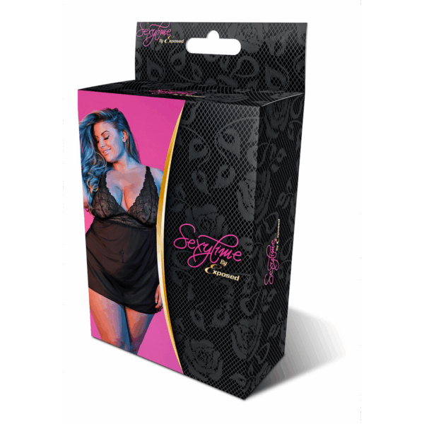 Babydoll met Open Rug en G-String Set - 2X - Zwart - Afbeelding 2