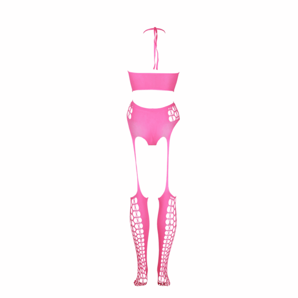 this ensemble ensures a snug and flattering fit. Choose from neon pink or neon green to make a statement and light up the night with UV-activated allure./