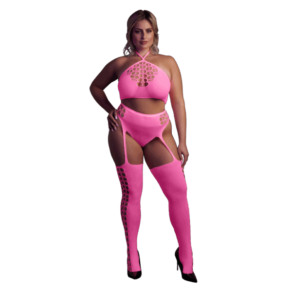 Vibrant Crop Top: The Neon Two-Piece with Crop Top and Stockings is a vibrant ensemble that includes a striking crop top