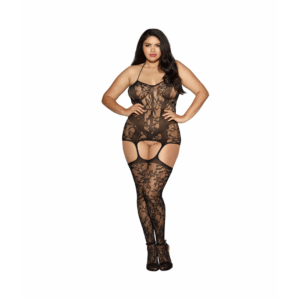 Elegant knitted floral laceAttached gartersAdjustable halter neckAccentuates the female figureSoft and stretchy/