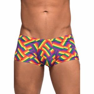 Multicolored festive rainbow print in a herringbone patternStretchy and breathableLightweight poly spandex/