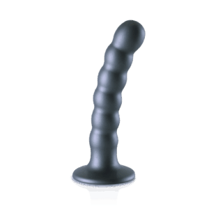 Beaded Silicone G-spot DildoStrong suction cup and beautiful metallic colorPremium silicone and liquid silicone dildosExtra soft and flexible feelPairs perfectly with the Ouch Strap-on Panties/
