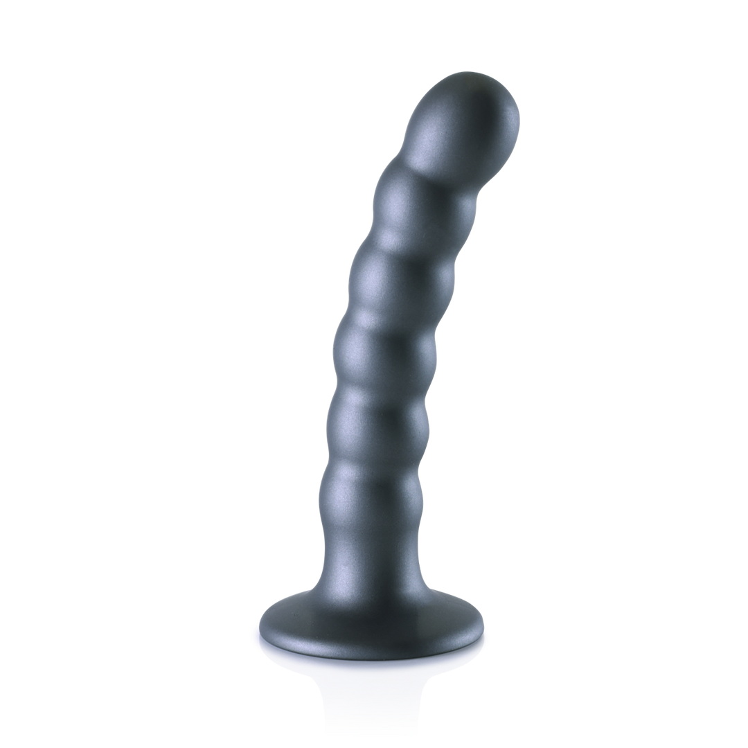 Beaded Silicone G-spot DildoStrong suction cup and beautiful metallic colorPremium silicone and liquid silicone dildosExtra soft and flexible feelPairs perfectly with the Ouch Strap-on Panties/