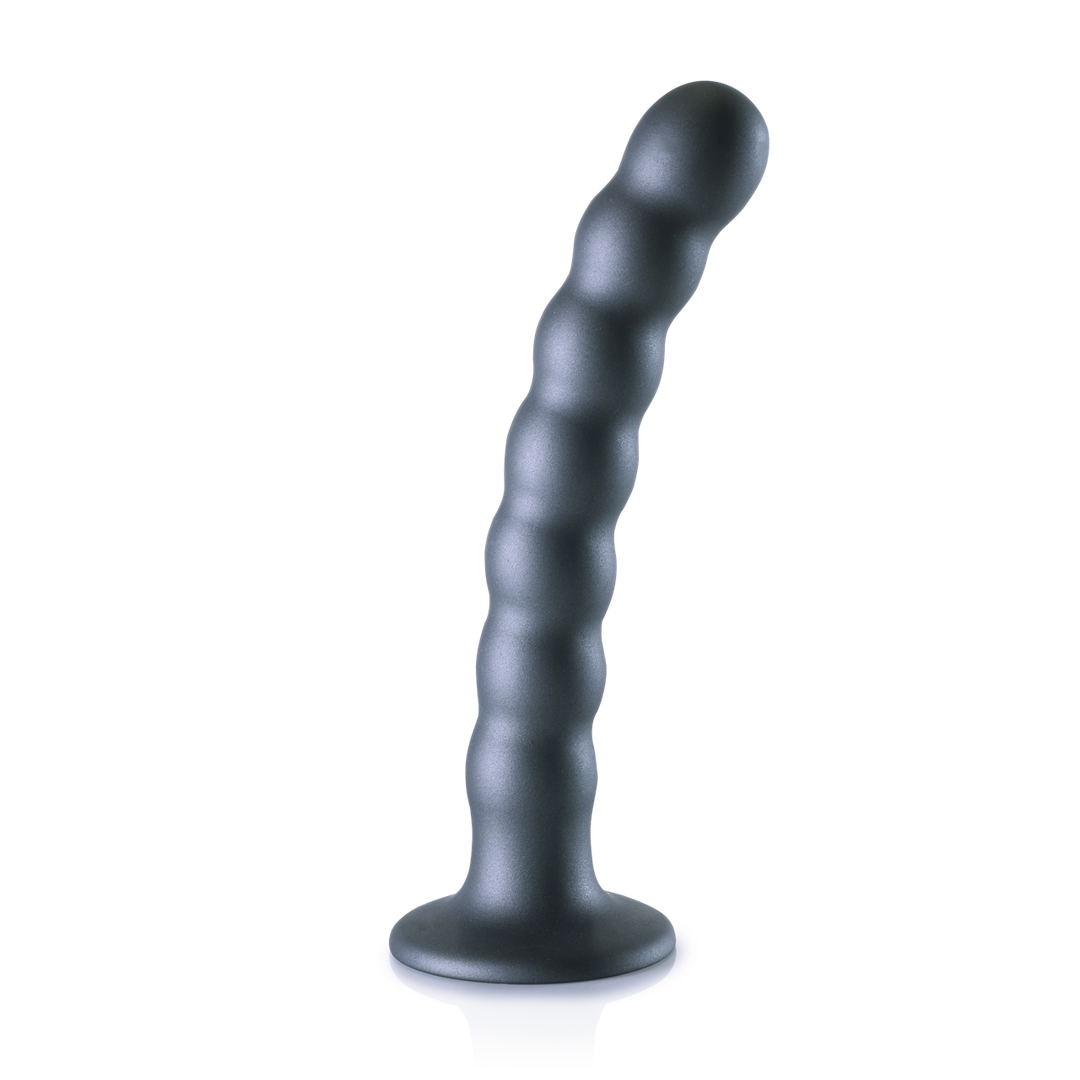 Beaded Silicone G-spot DildoStrong suction cup and beautiful metallic colorPremium silicone and liquid silicone dildosExtra soft and flexible feelPairs perfectly with the Ouch Strap-on Panties/