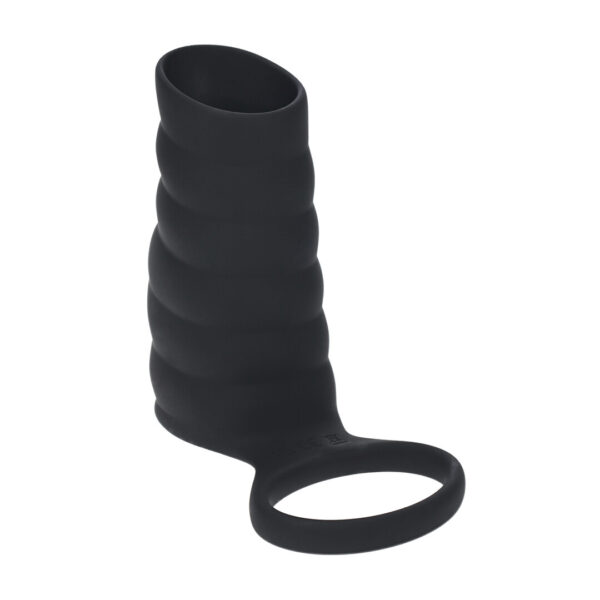 Vibrerende Geribbelde Siliconen Cock Sleeve en Ball Ring - Zwart - Afbeelding 4