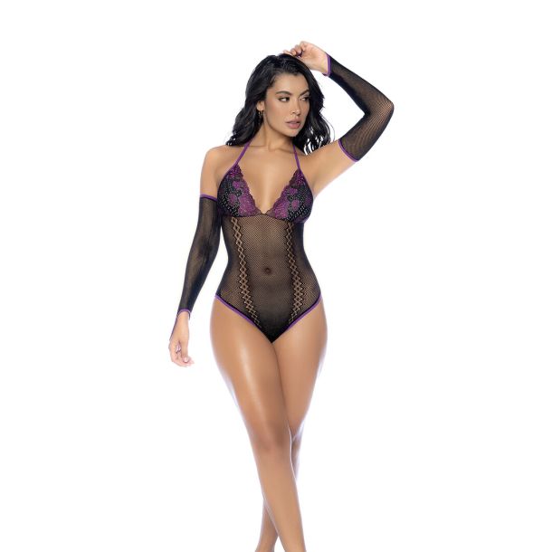 Visnet en Kant Bodysuit Set – One Size – Zwart/Paarse