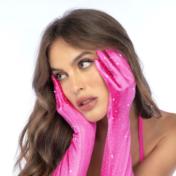 Satin Strass Opera Handschoenen – Één Maat – Roze/Strass