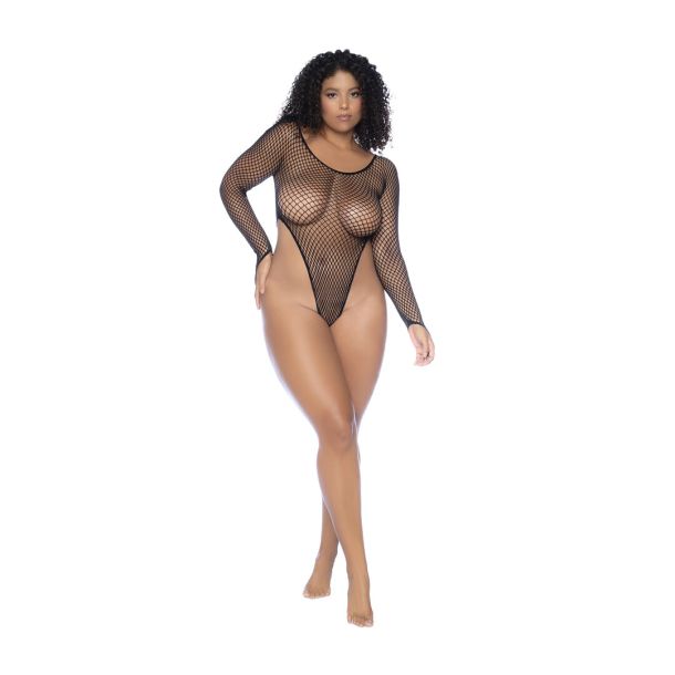 Langdurige Mouwen Visnet Bodysuit – Koningin Maat – Zwart