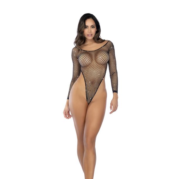 Langsleeve Visnet Rhinestone Bodysuit – Één maat – Zwart/Rhinestone