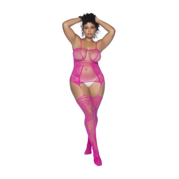 Visnet Bodystocking met Halslijnen en Bandjes – Koning Maat – Roze