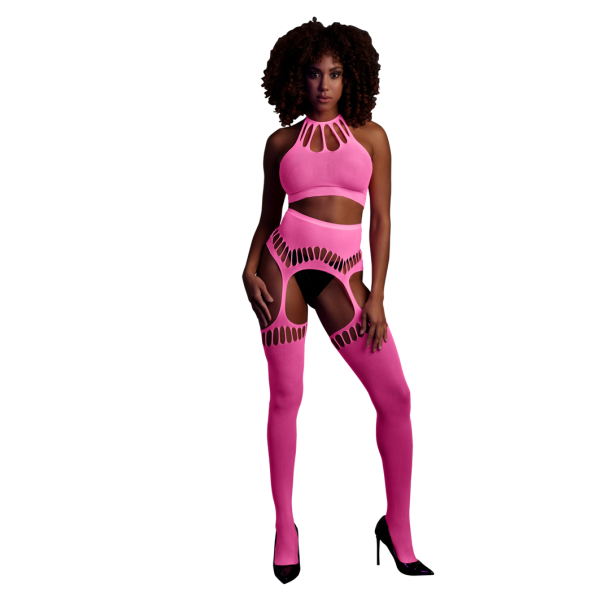Twee Delige Set met Crop Top en Kousen – One Size – Neon Roze