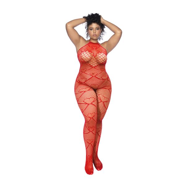 Hart Visnet Bodystocking met Strass Detail – Koning Maat – Rood