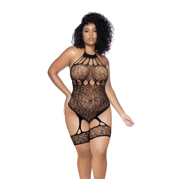 Leopard Halter Visnet Bodysuit – Koning Maat – Zwart