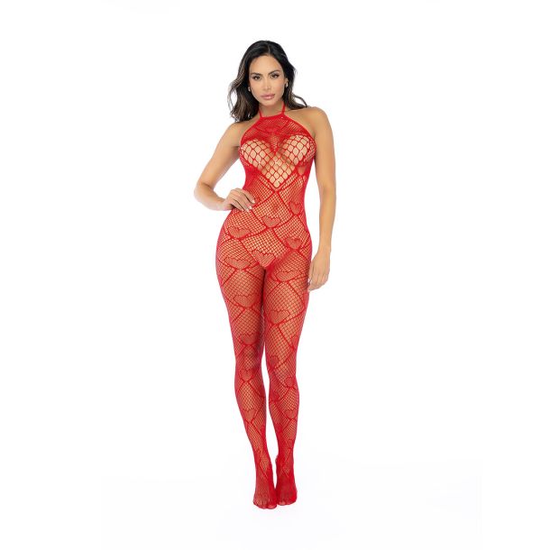 Hart Visnet Bodystocking met Strass Detail – Één Maat – Rood