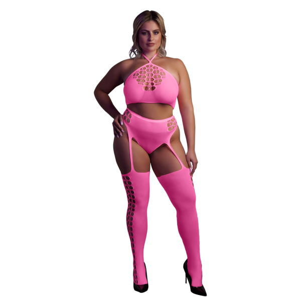 Twee Delige Set met Crop Top en Kousen – Plus Size – Neon Roze