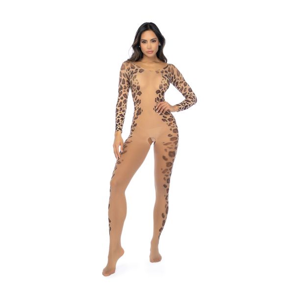 Lange Mouw Leopard Mesh Bodystocking – Één Maat – Leopard