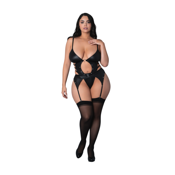 Kira – Open Front Basque met Kousenbanden en String – 2X – Zwart