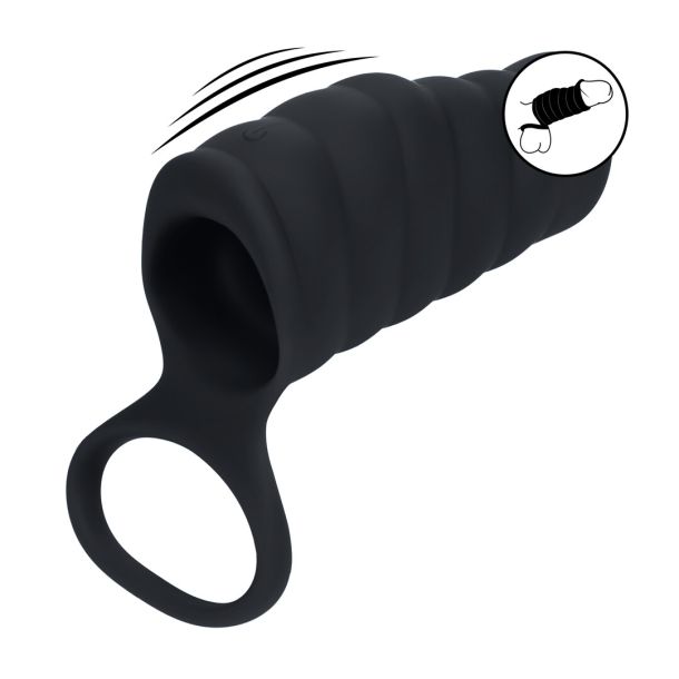 Vibrerende Geribbelde Siliconen Cock Sleeve en Ball Ring – Zwart