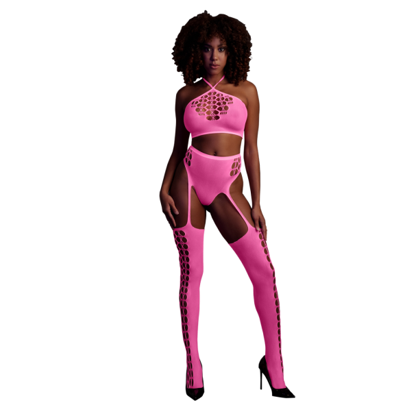 Twee-delige set met crop top en kousen – Één maat – Neonroze