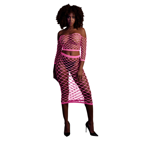 Langarm Crop Top en Lange Rok – One Size – Neon Roze